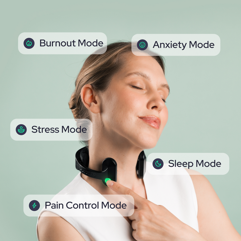 Woman wearing the Pulsetto Fit device on her neck, with app modes for stress, sleep, anxiety and burnout